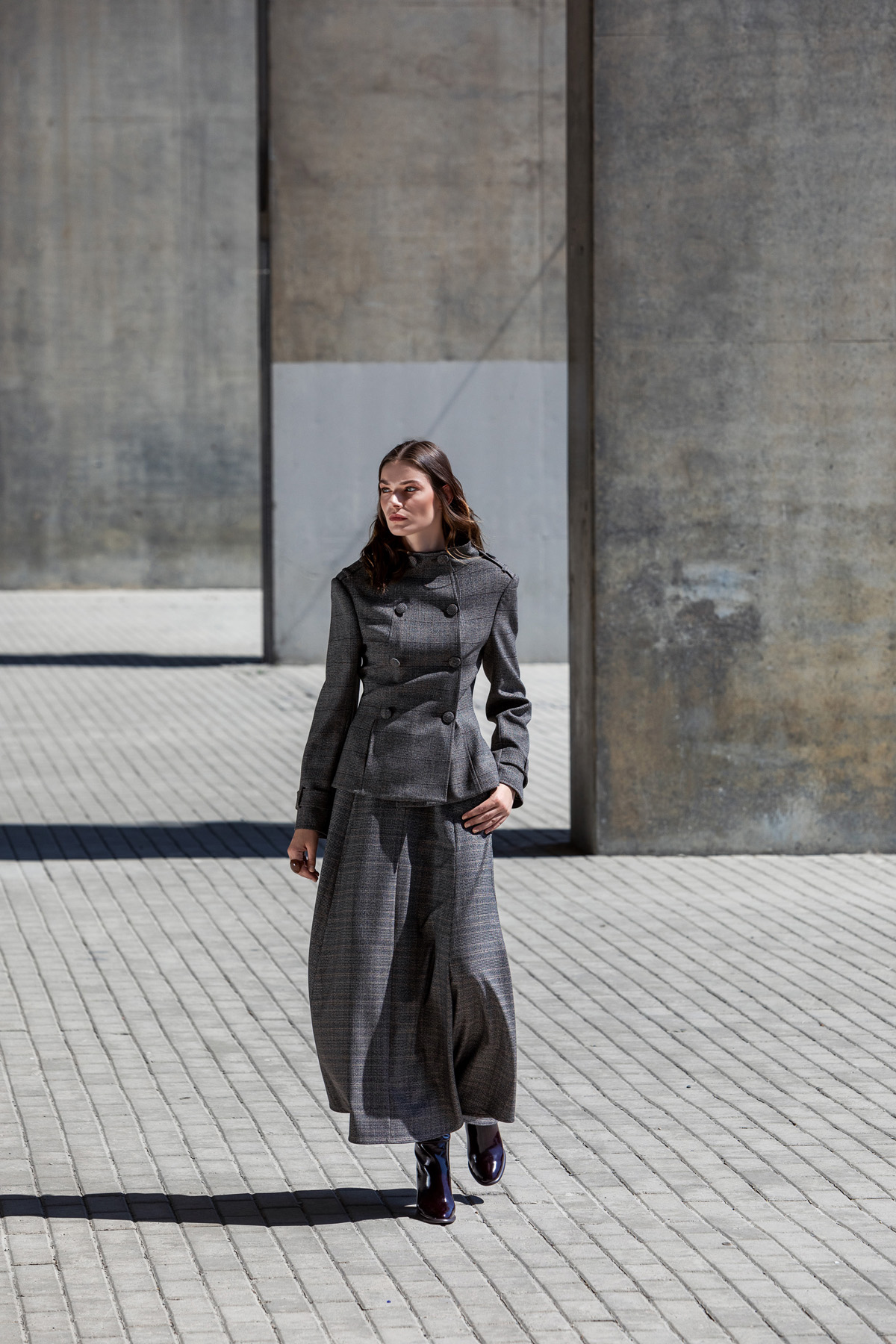 Yüksek Yaka Ekose Ceket Kahve