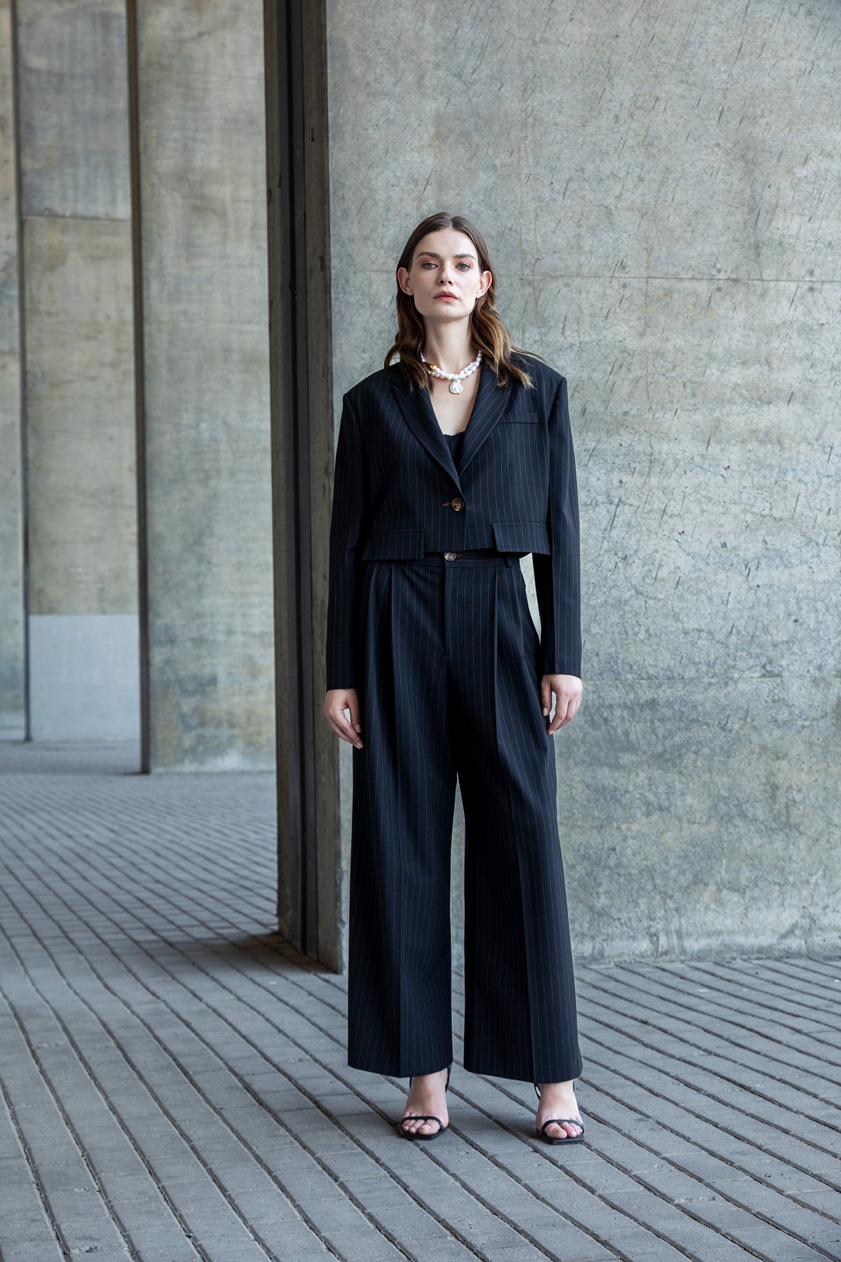 Çizgili Crop Ceket Siyah