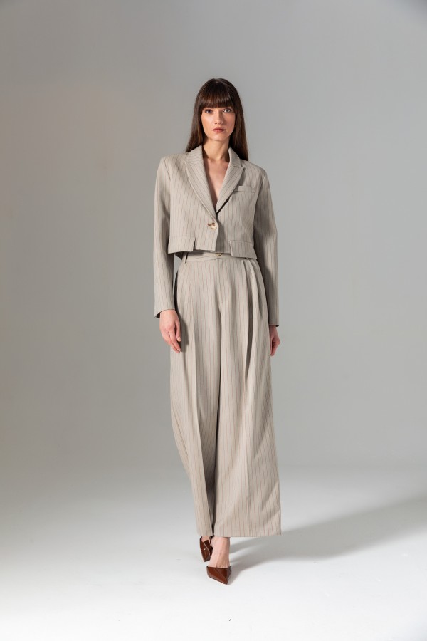 Çizgili Crop Ceket Vizon