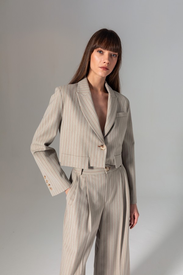 Çizgili Crop Ceket Vizon