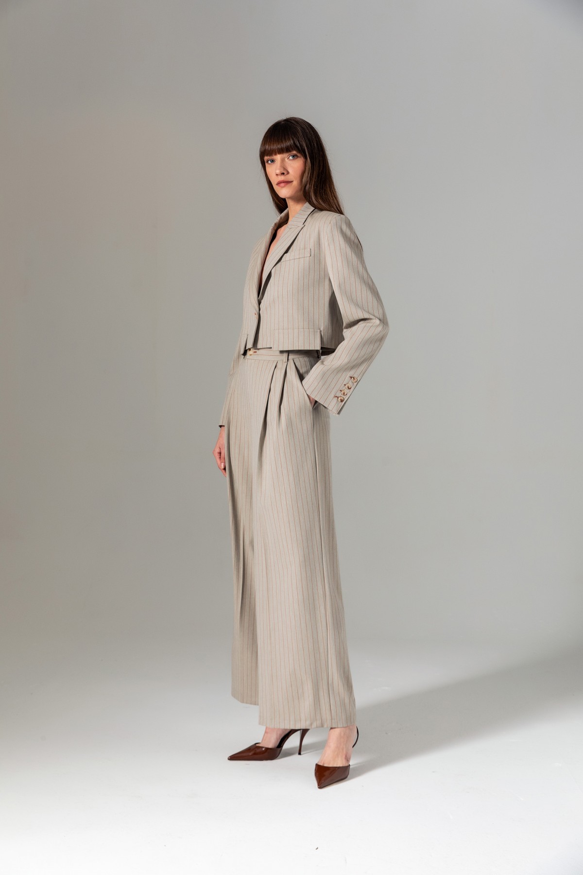 Çizgili Crop Ceket Vizon