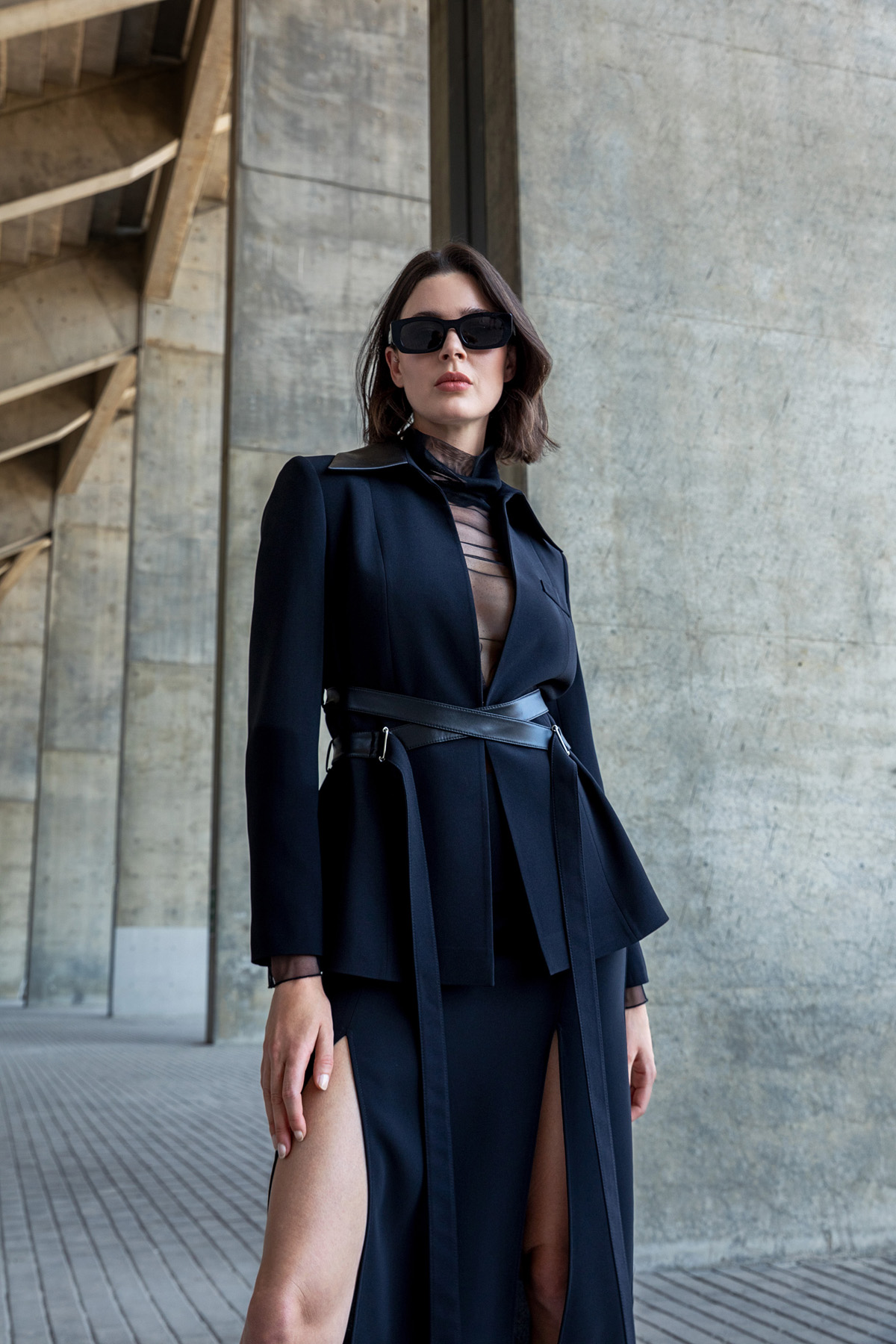 Deri Kuşaklı Bağlamalı Ceket Siyah