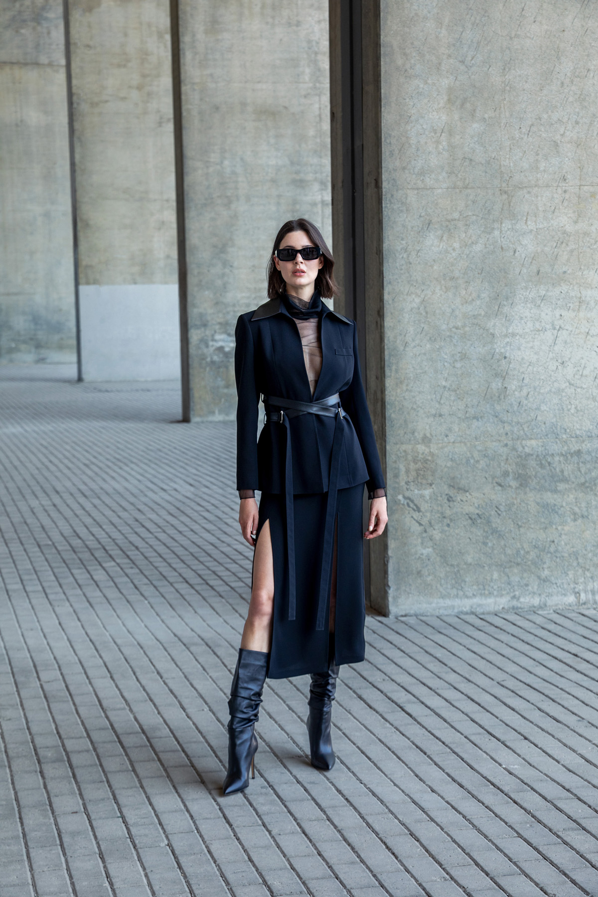 Deri Kuşaklı Bağlamalı Ceket Siyah