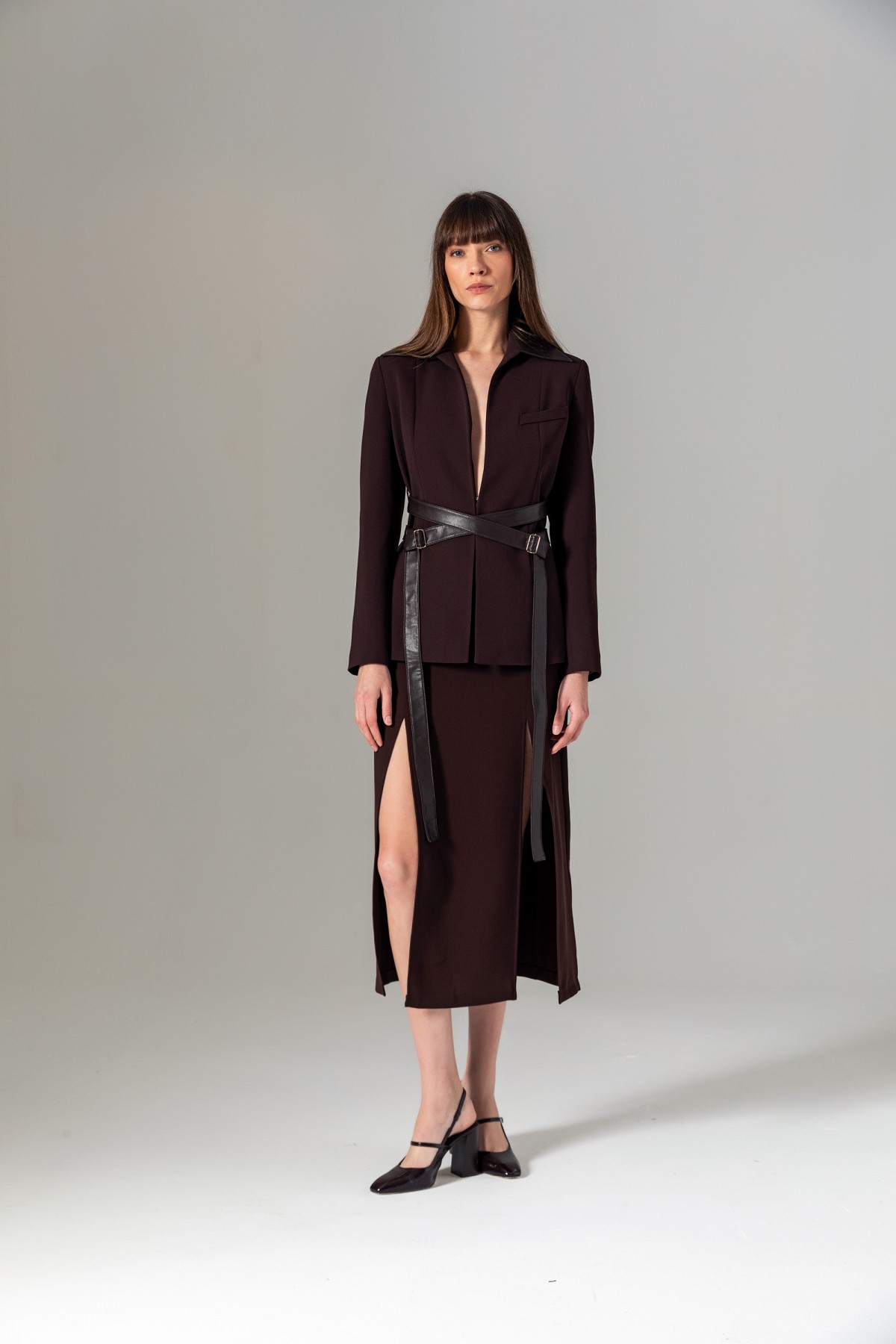 Deri Kuşaklı Bağlamalı Ceket Kahve