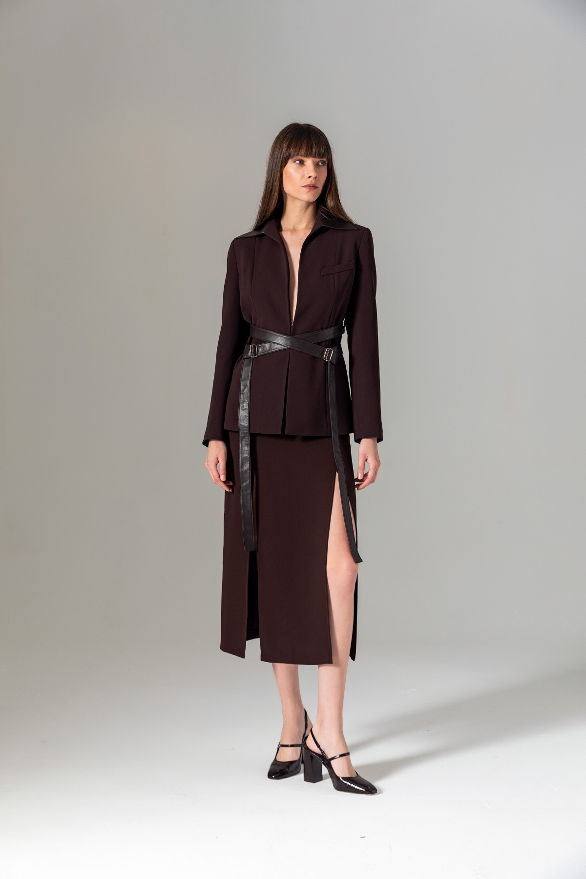 Deri Kuşaklı Bağlamalı Ceket Kahve