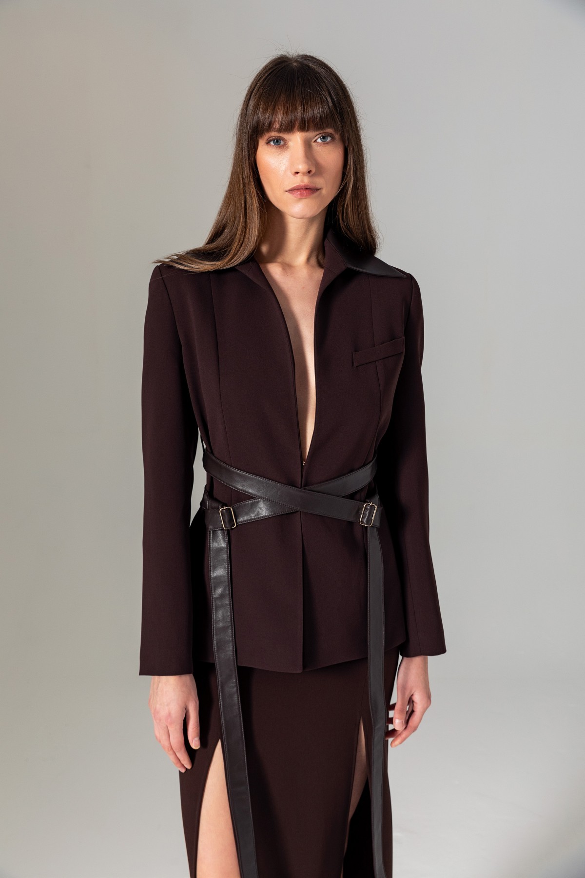 Deri Kuşaklı Bağlamalı Ceket Kahve