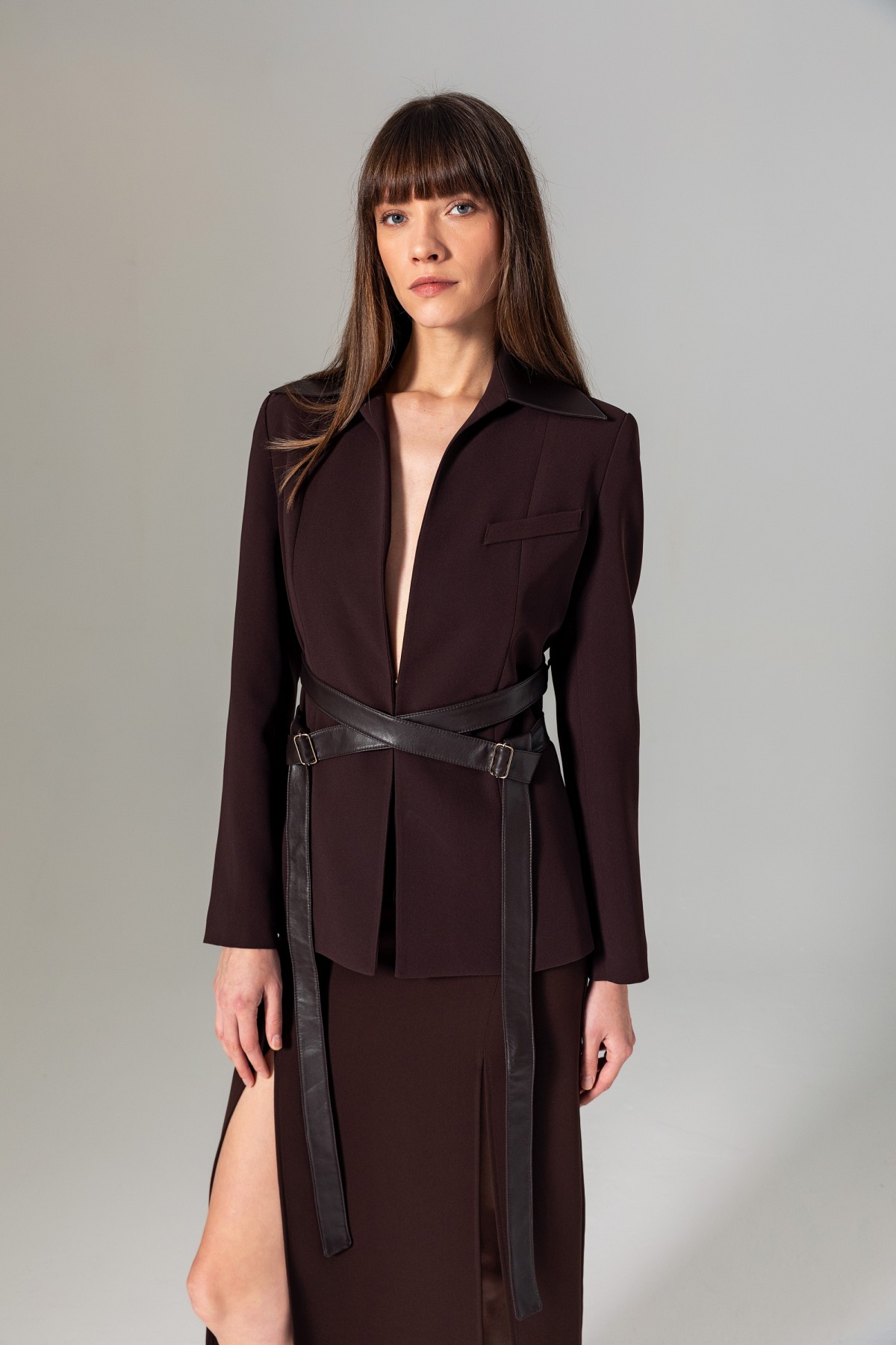 Deri Kuşaklı Bağlamalı Ceket Kahve