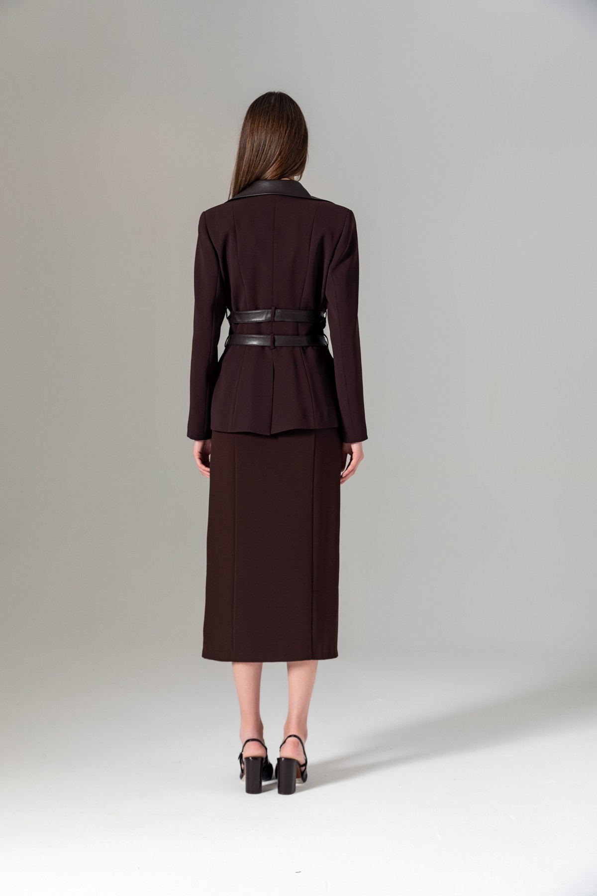 Deri Kuşaklı Bağlamalı Ceket Kahve