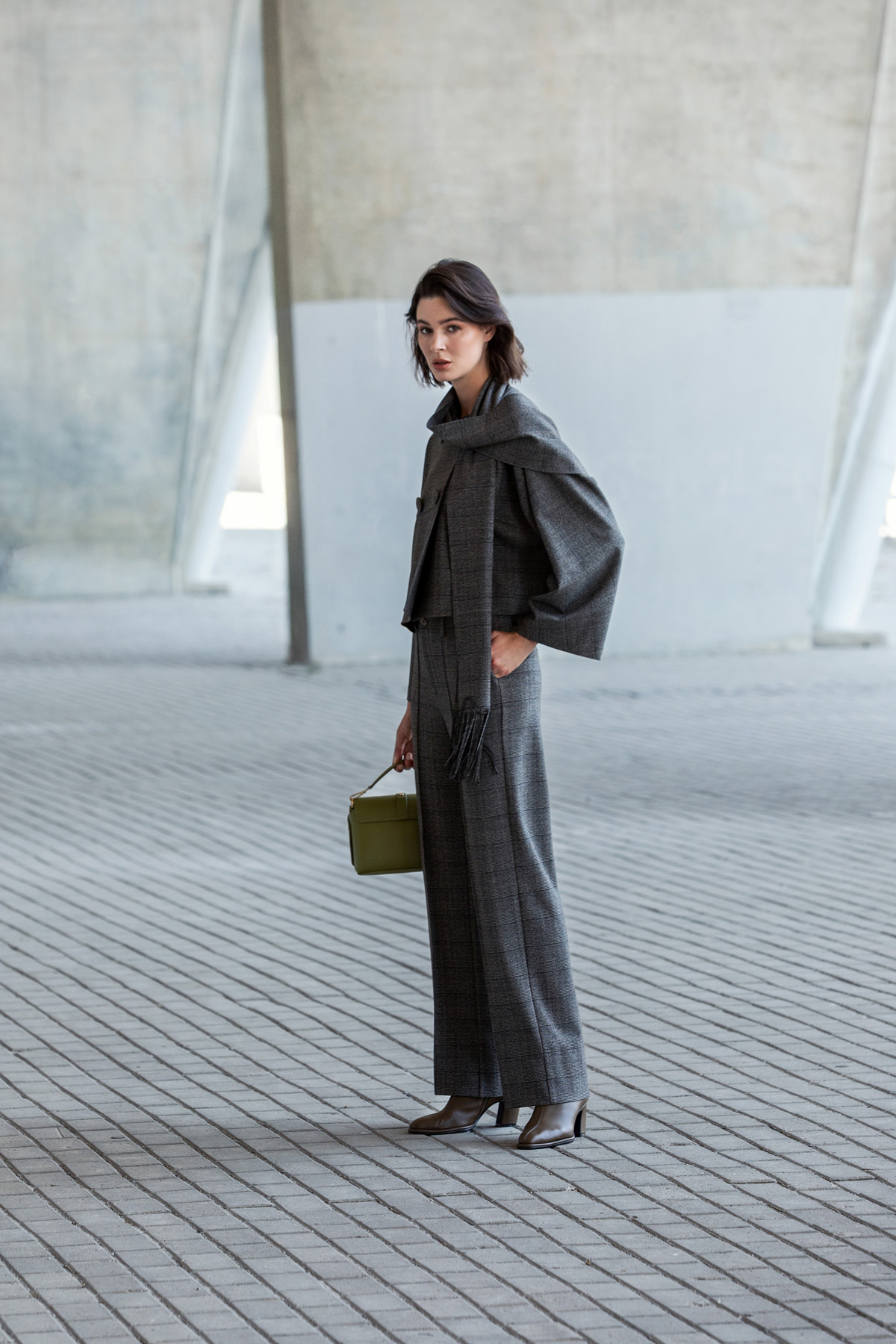 Şal Detaylı Ekose Ceket Kahve