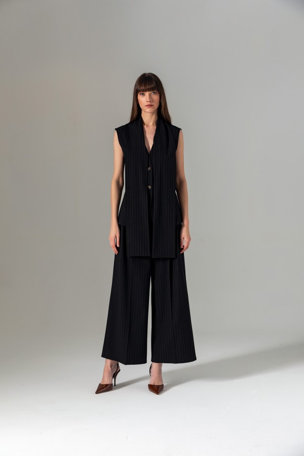 Şal Detaylı Çizgili Yelek Siyah