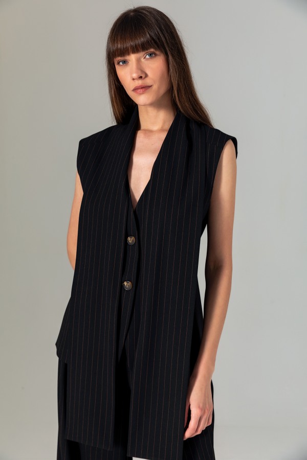 Şal Detaylı Çizgili Yelek Siyah