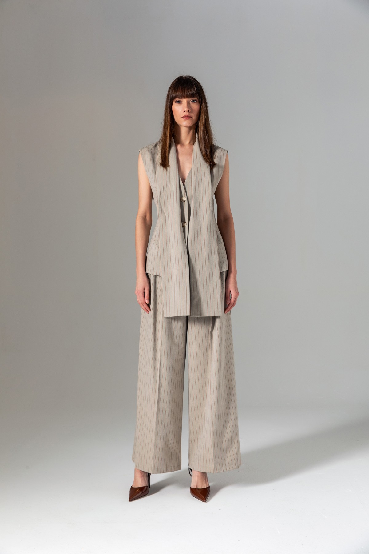 Şal Detaylı Çizgili Yelek Vizon