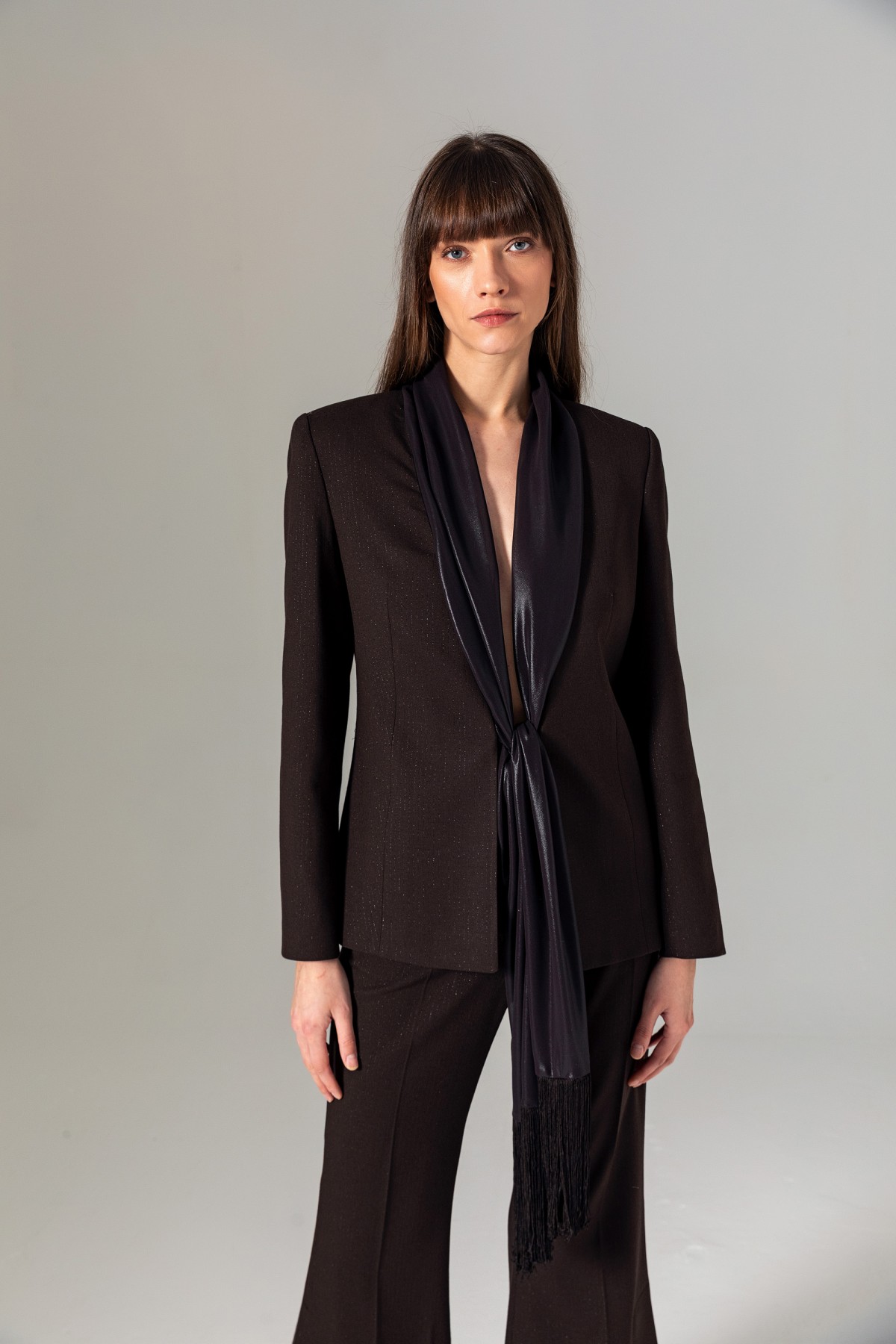 Şal Detaylı Püsküllü Ceket Kahve