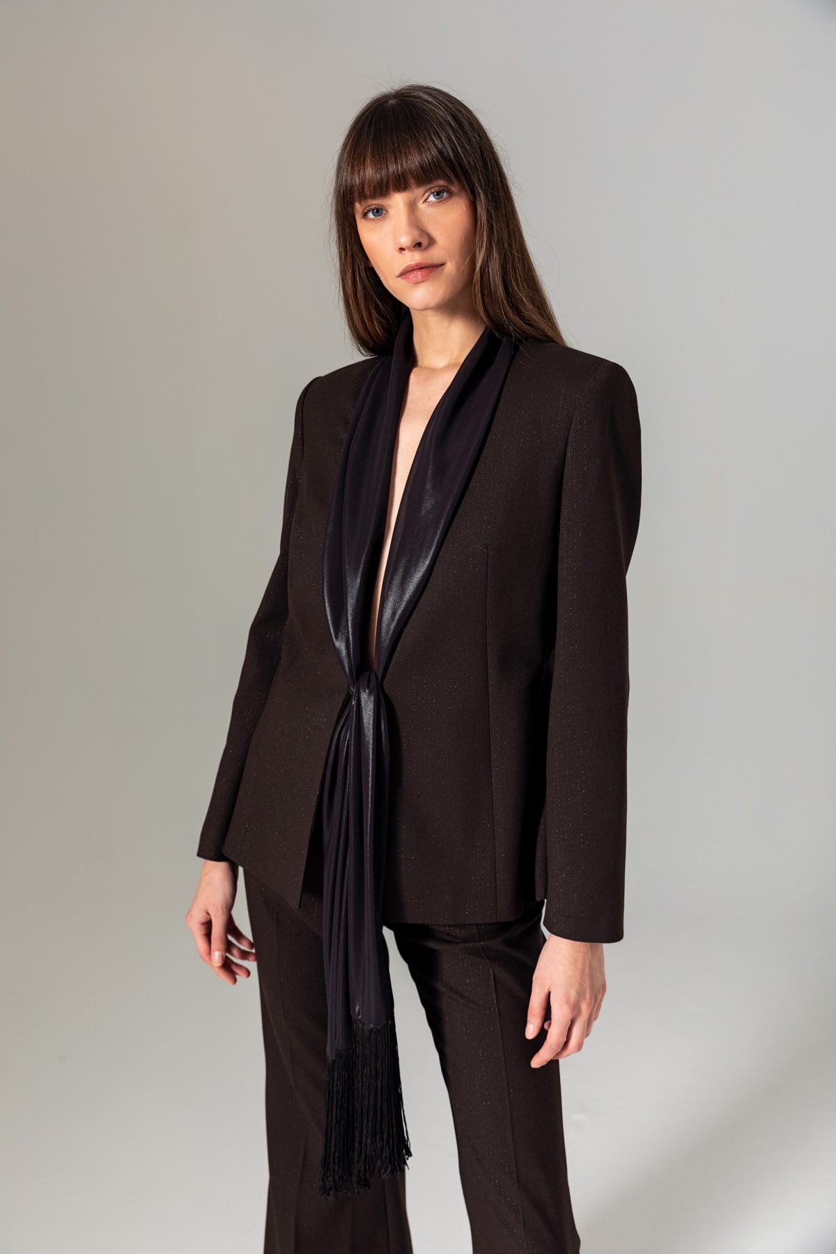 Şal Detaylı Püsküllü Ceket Kahve