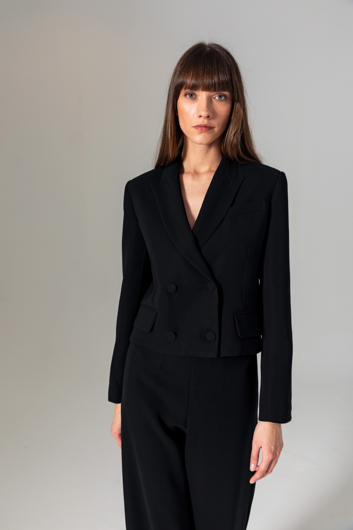 Kruvaze Crop Ceket Siyah