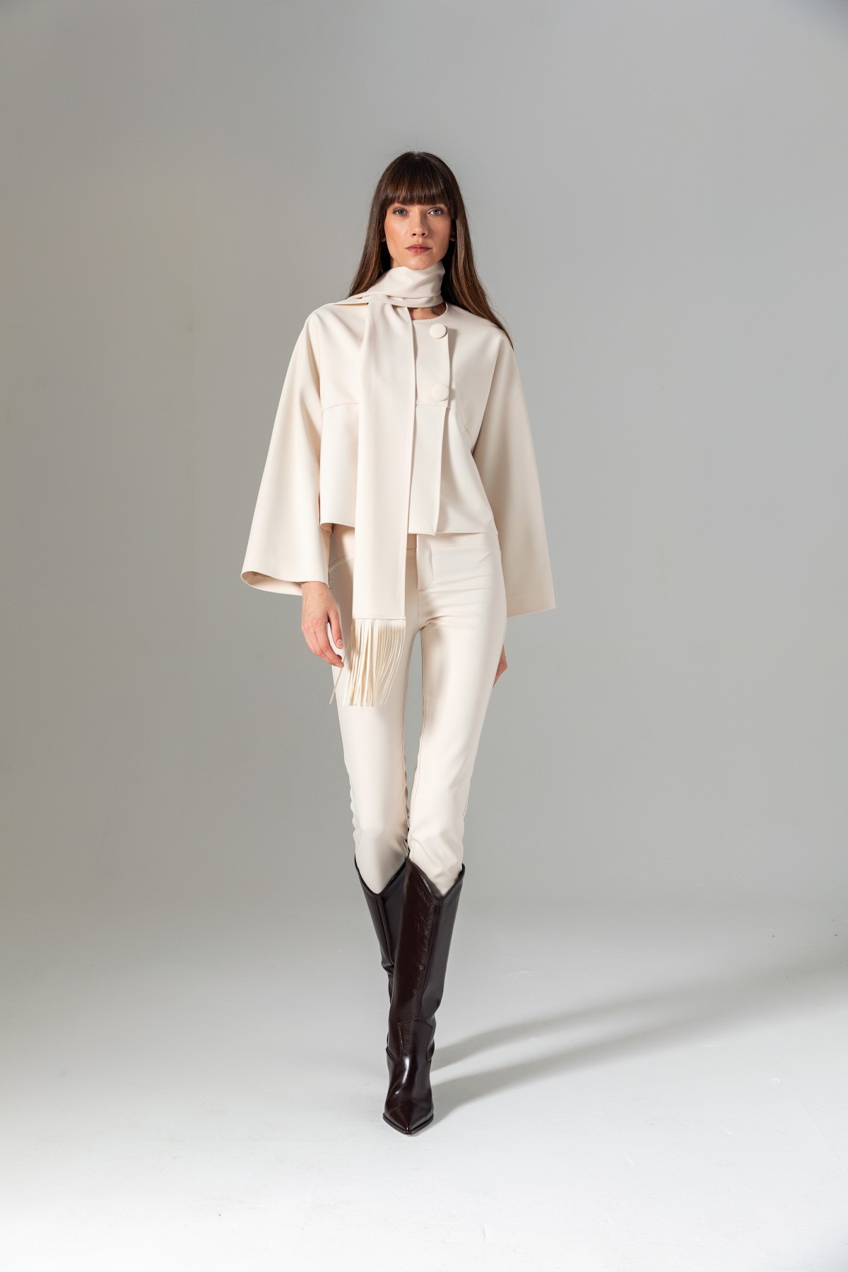Şal Detaylı Ceket Ekru