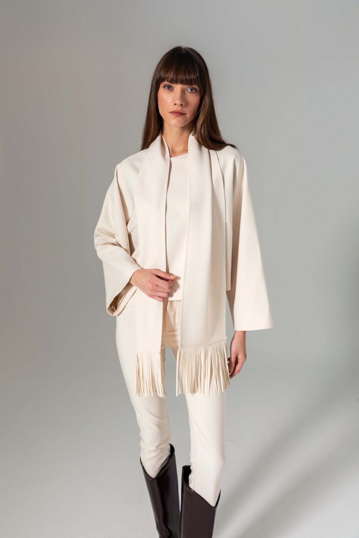 Şal Detaylı Ceket Ekru