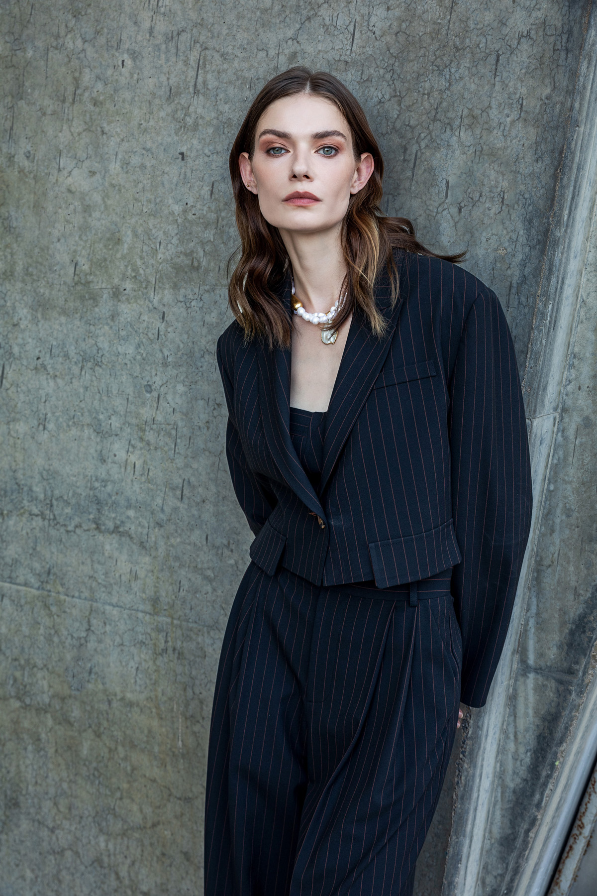 Pileli Geniş Paça Çizgili Pantolon Siyah