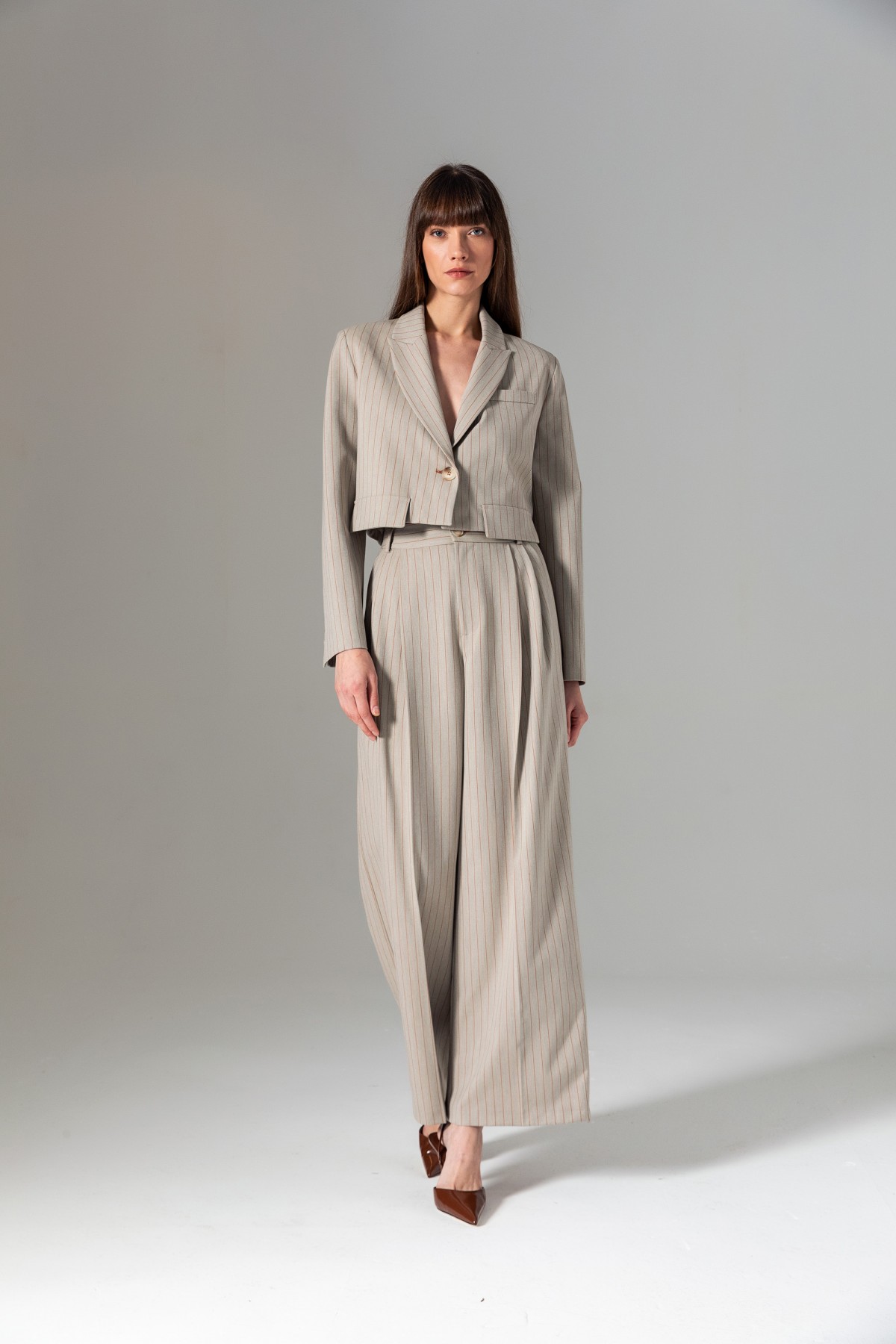 Pileli Geniş Paça Çizgili Pantolon Vizon