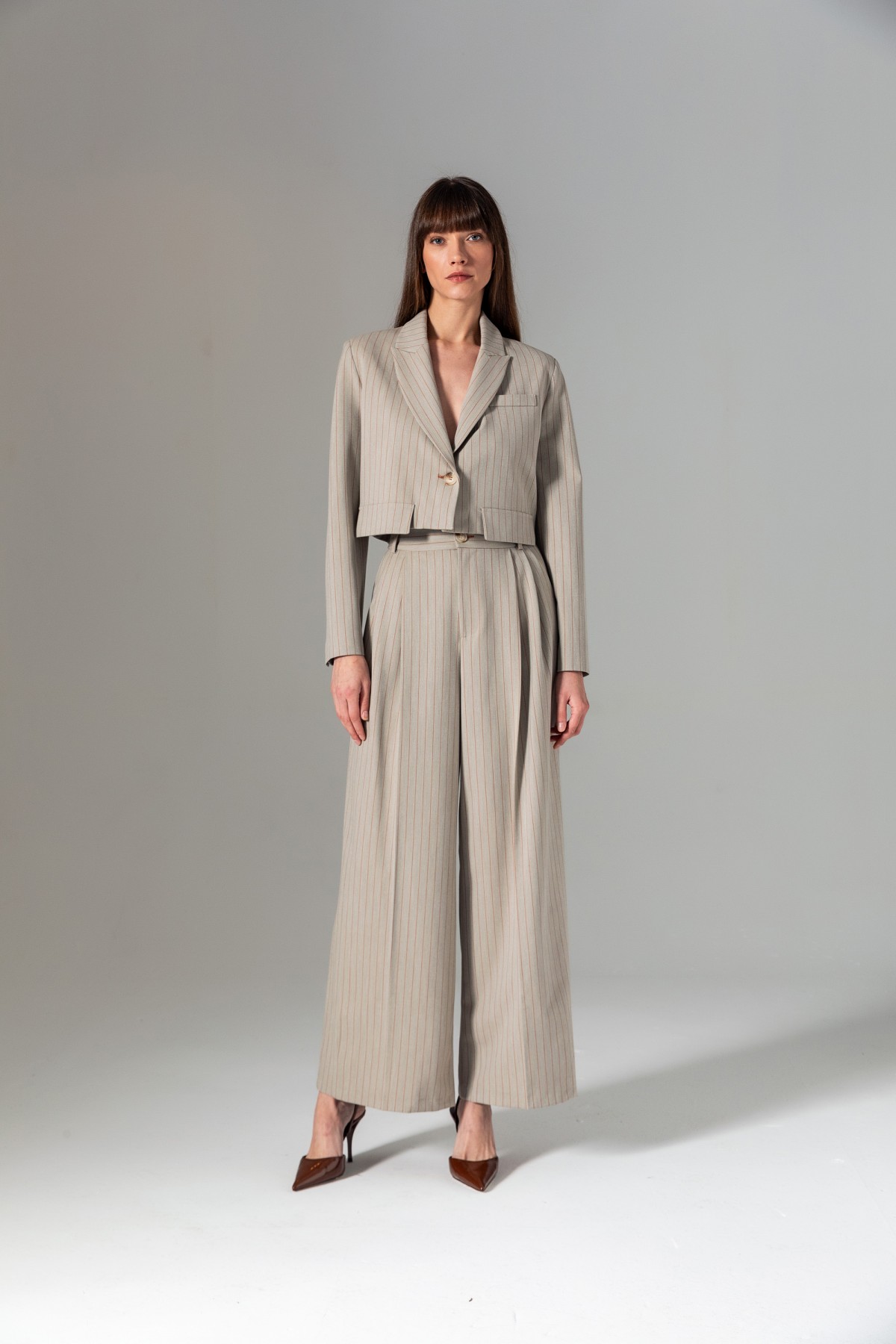 Pileli Geniş Paça Çizgili Pantolon Vizon