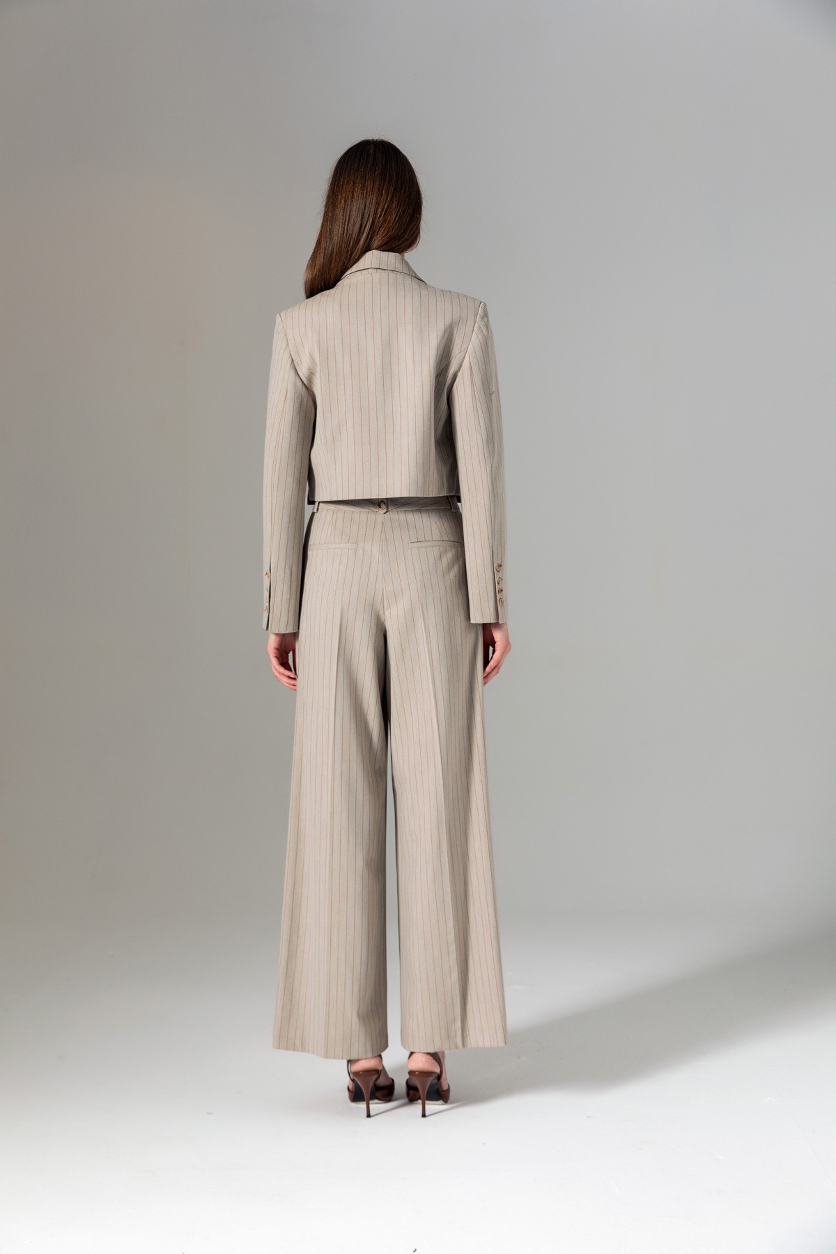 Pileli Geniş Paça Çizgili Pantolon Vizon