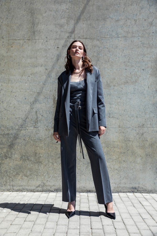 Çift Kemerli Düz Paça Pantolon Antrasit