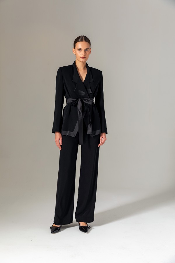 Saten Şeritli Pantolon Siyah