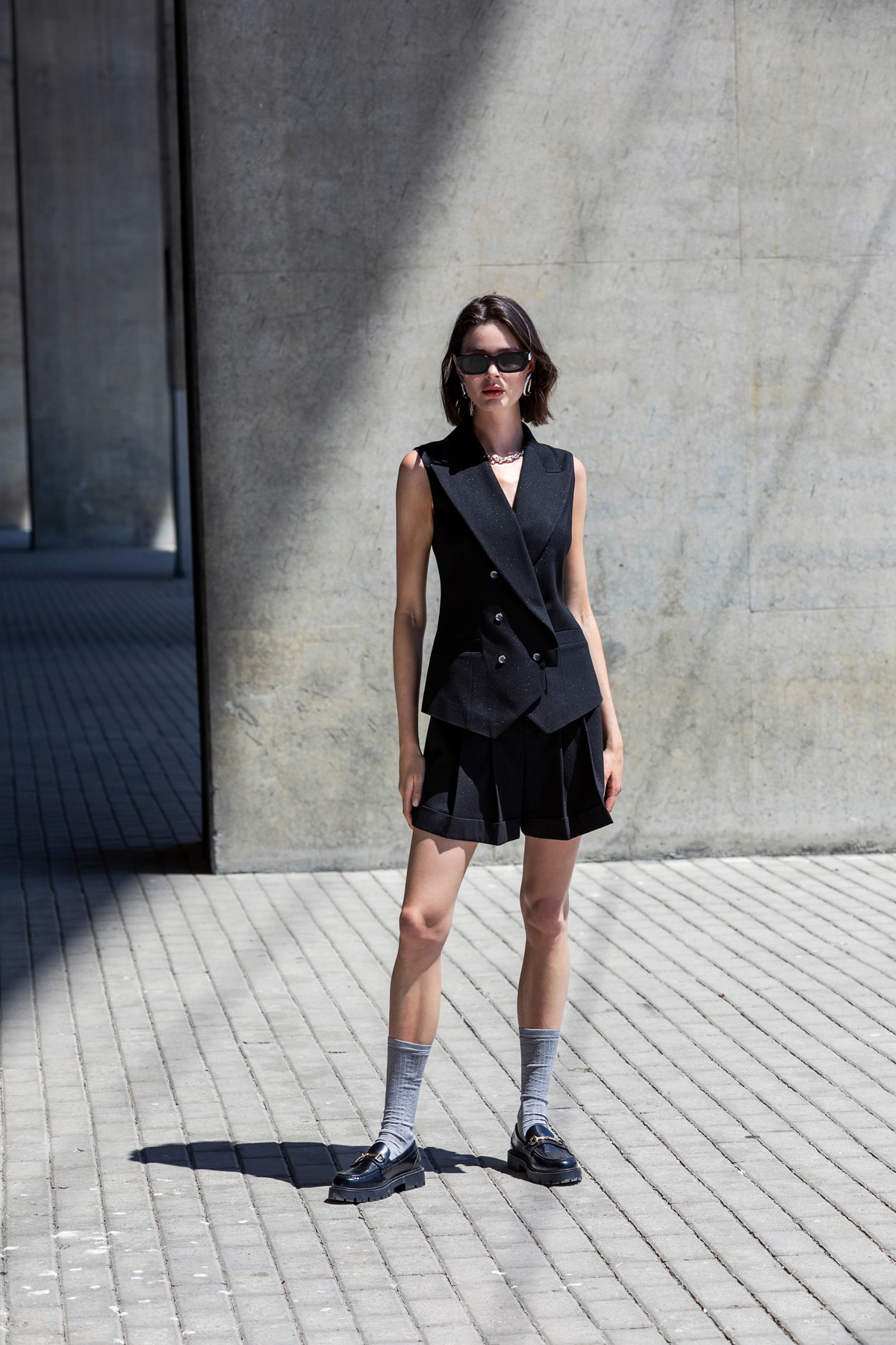 Çift Pileli Şort Siyah