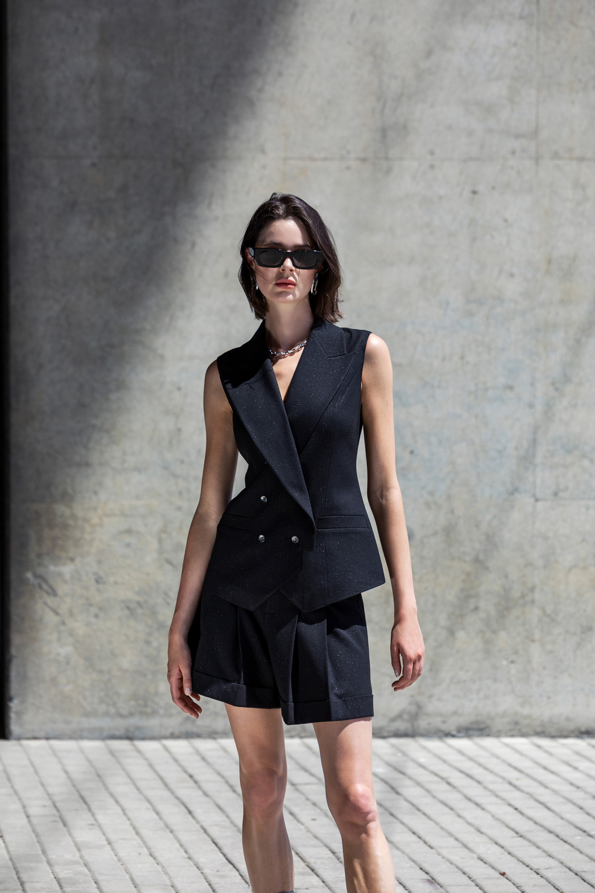 Çift Pileli Şort Siyah