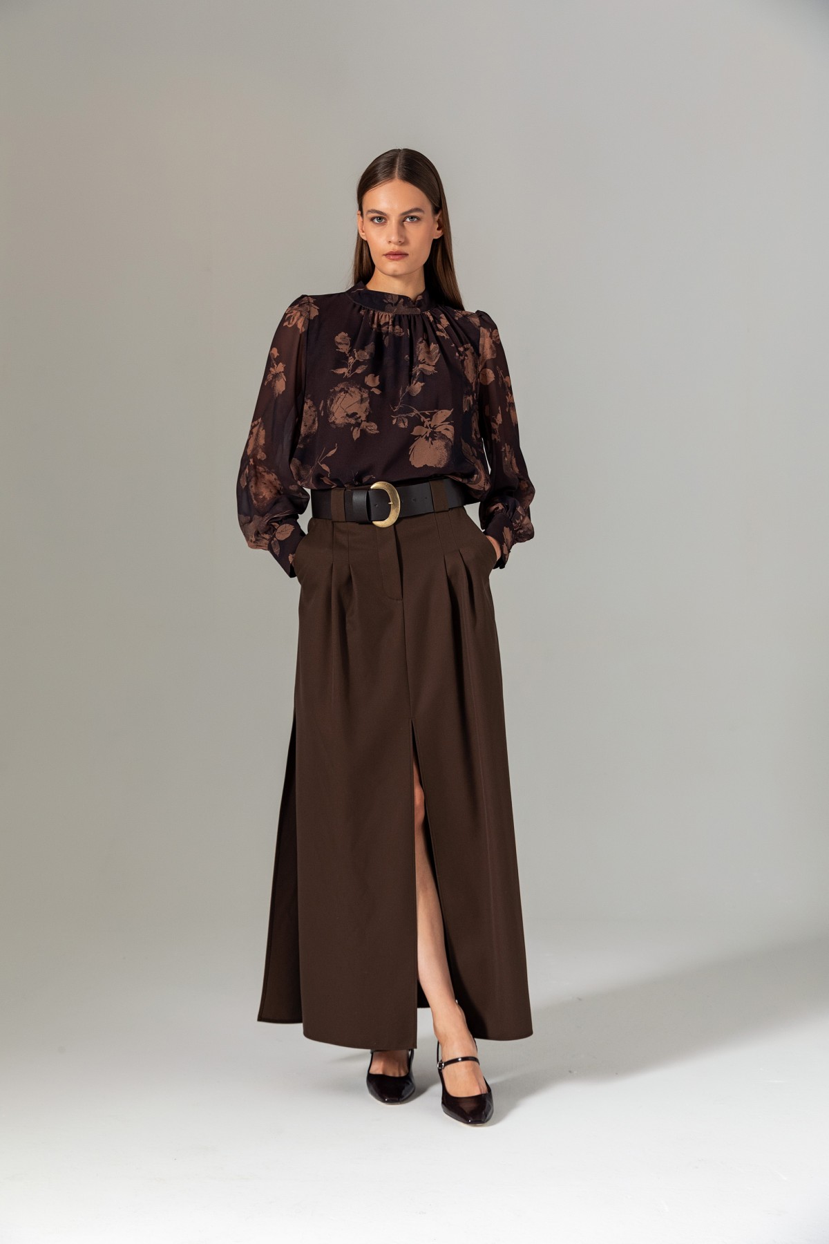 Pileli Uzun Etek Kahve