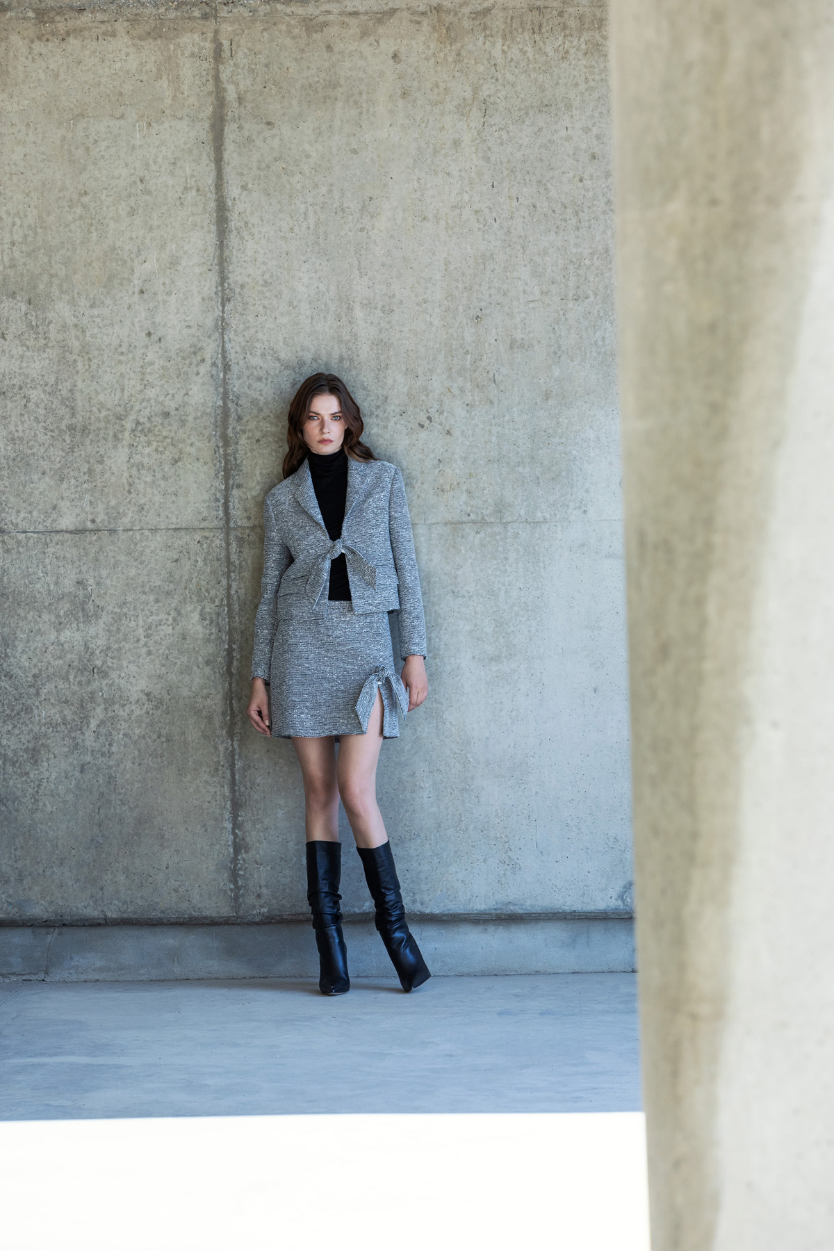 Bağlamalı Dokulu Mini Etek Siyah