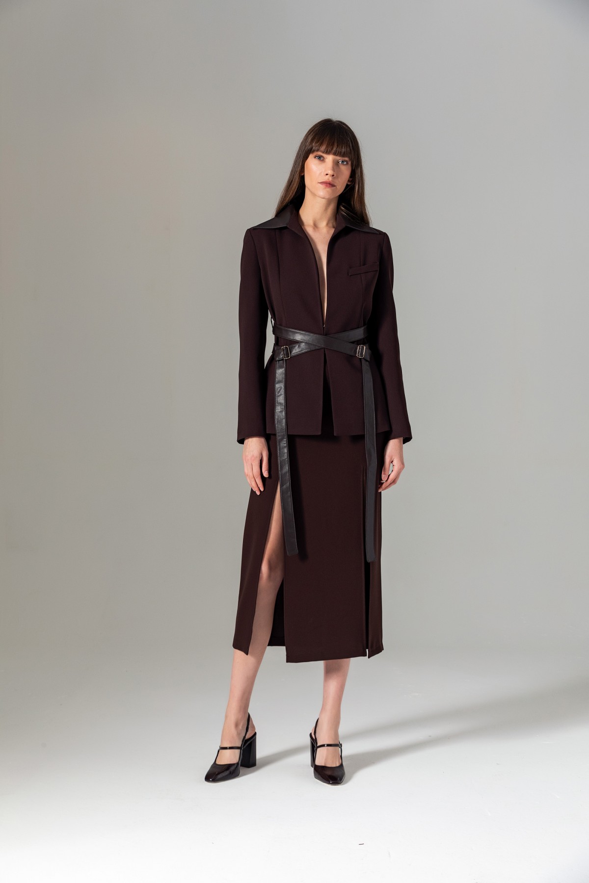 Çift Yırtmaçlı Midi Kalem Etek Kahve