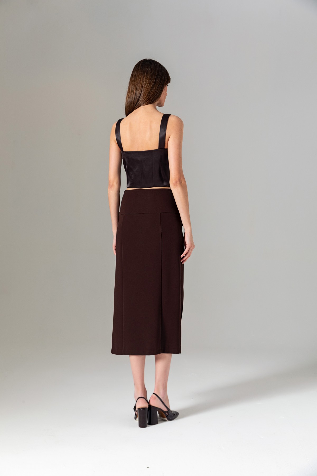 Çift Yırtmaçlı Midi Kalem Etek Kahve