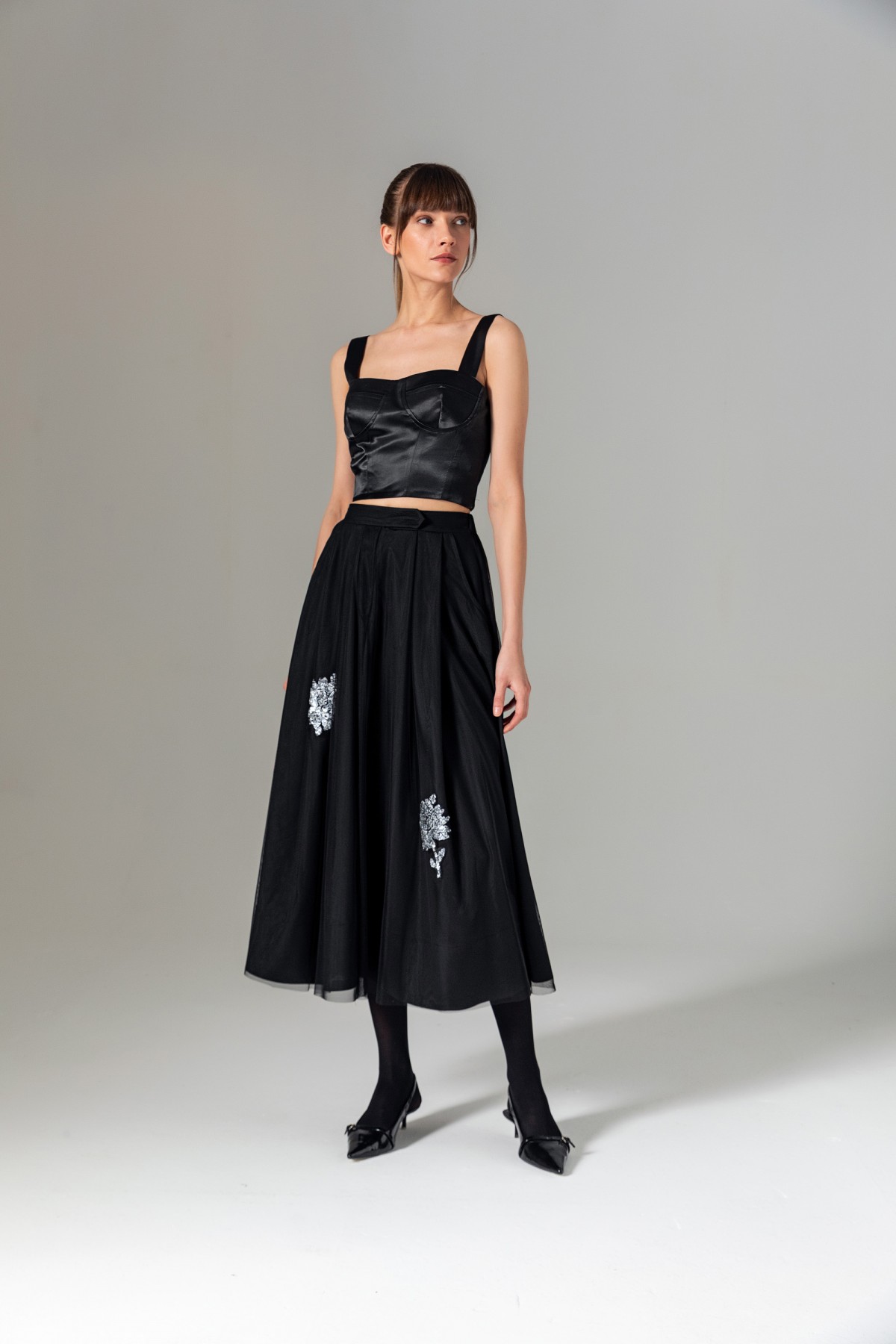 Pileli Tül Midi Etek Siyah