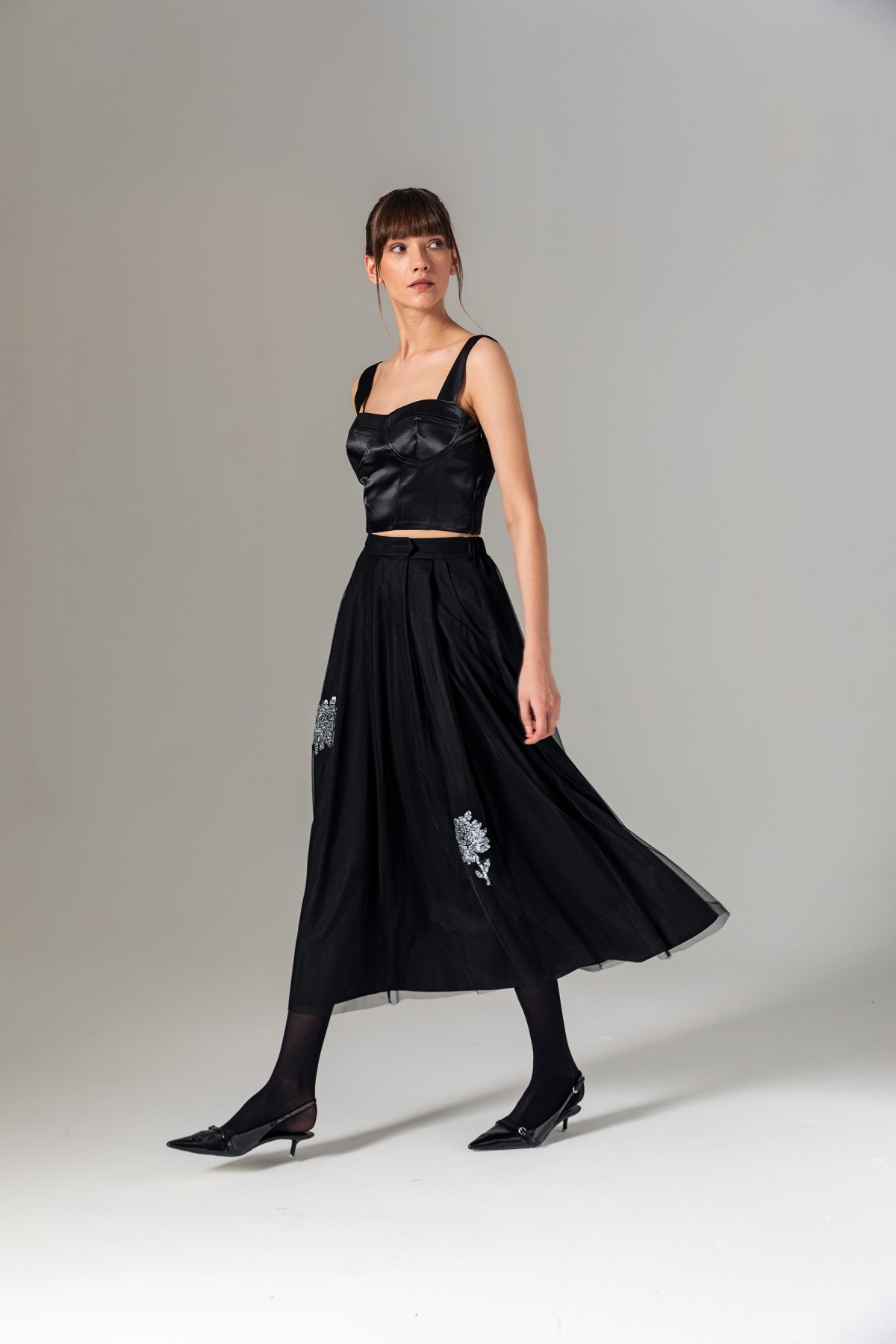 Pileli Tül Midi Etek Siyah