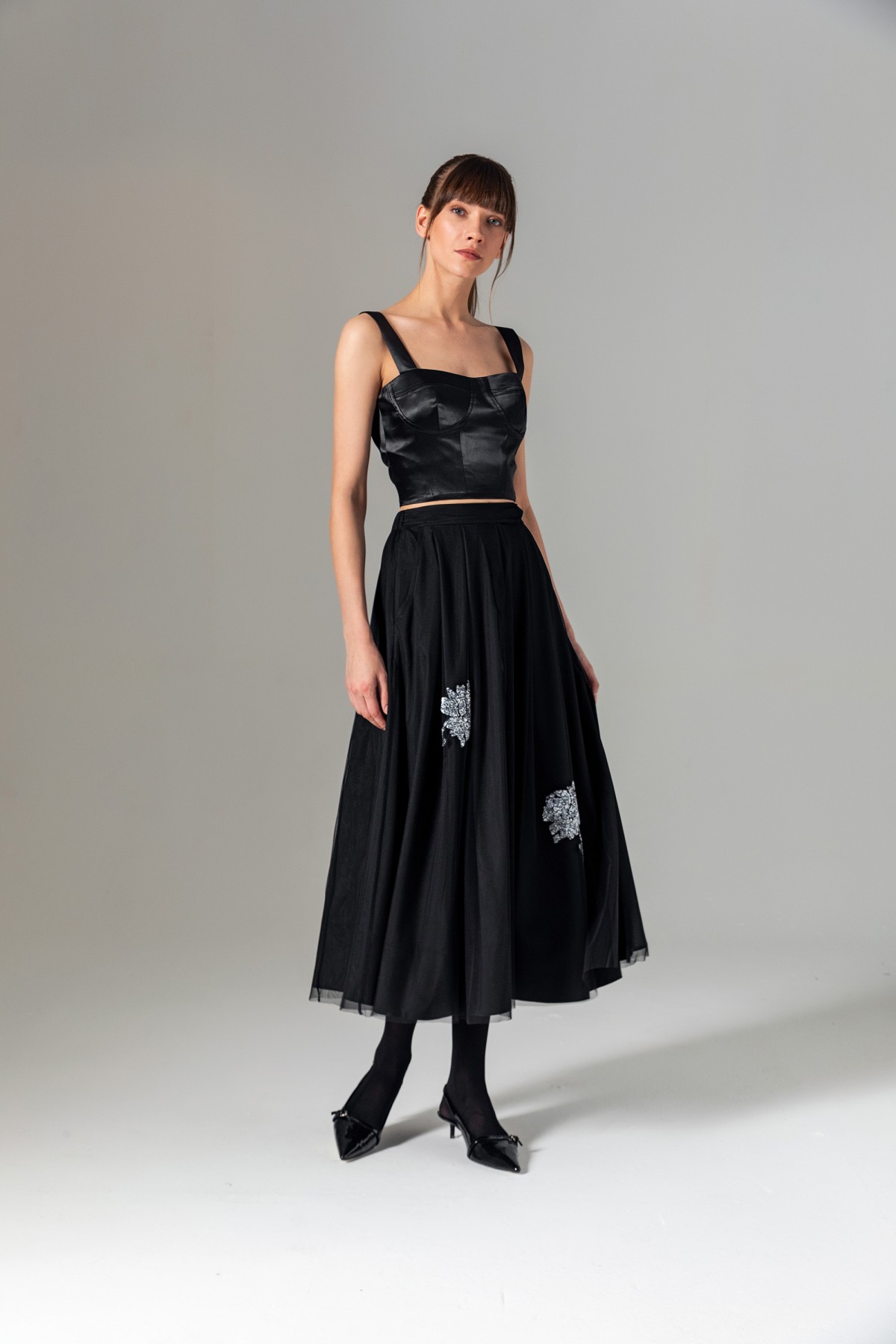 Pileli Tül Midi Etek Siyah