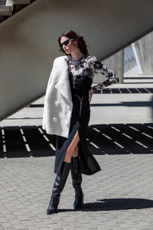 Fermuar Detaylı Midi Etek Siyah