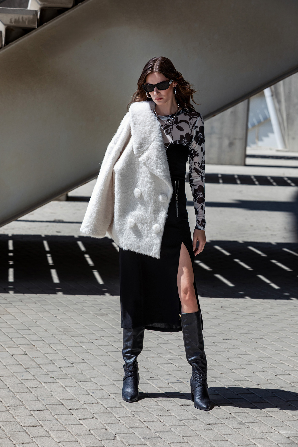 Fermuar Detaylı Midi Etek Siyah