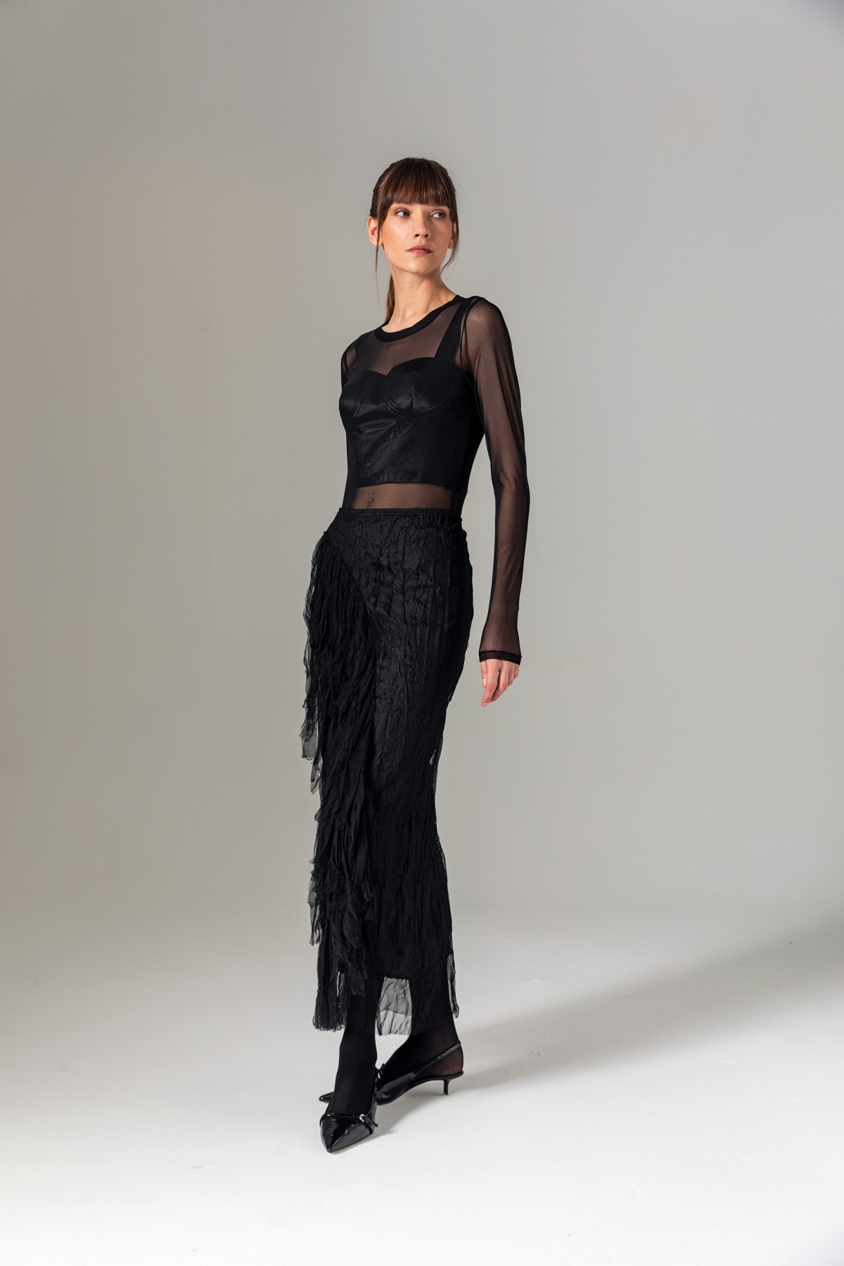 Püsküllü Tül Etek Siyah