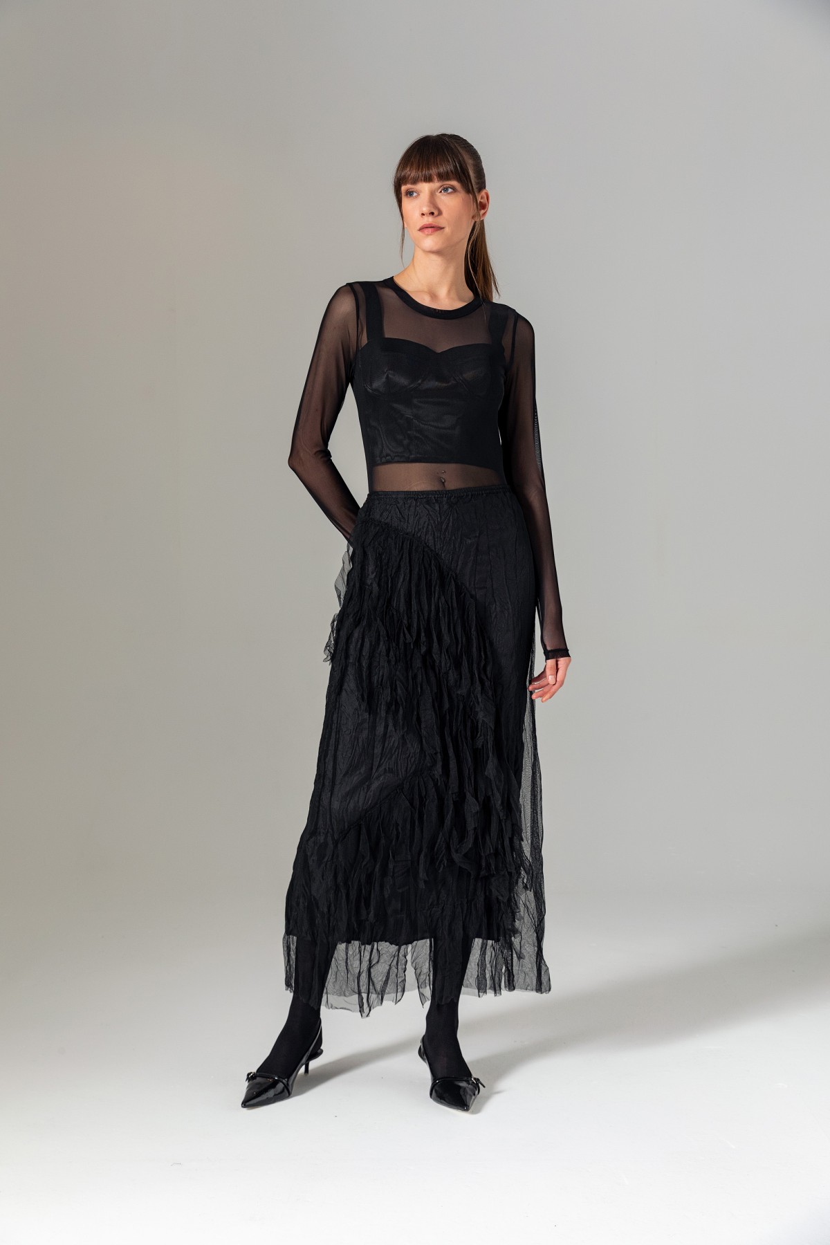 Püsküllü Tül Etek Siyah