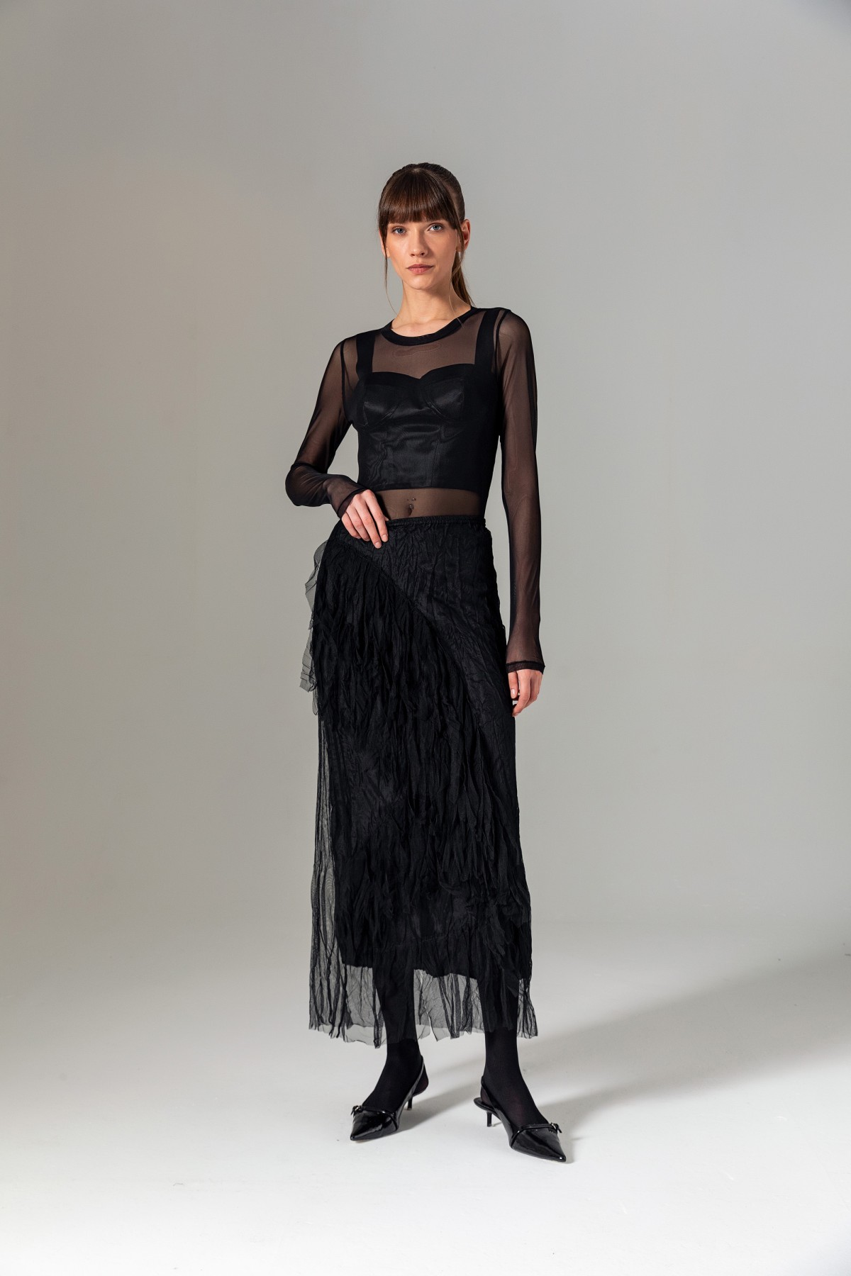 Püsküllü Tül Etek Siyah