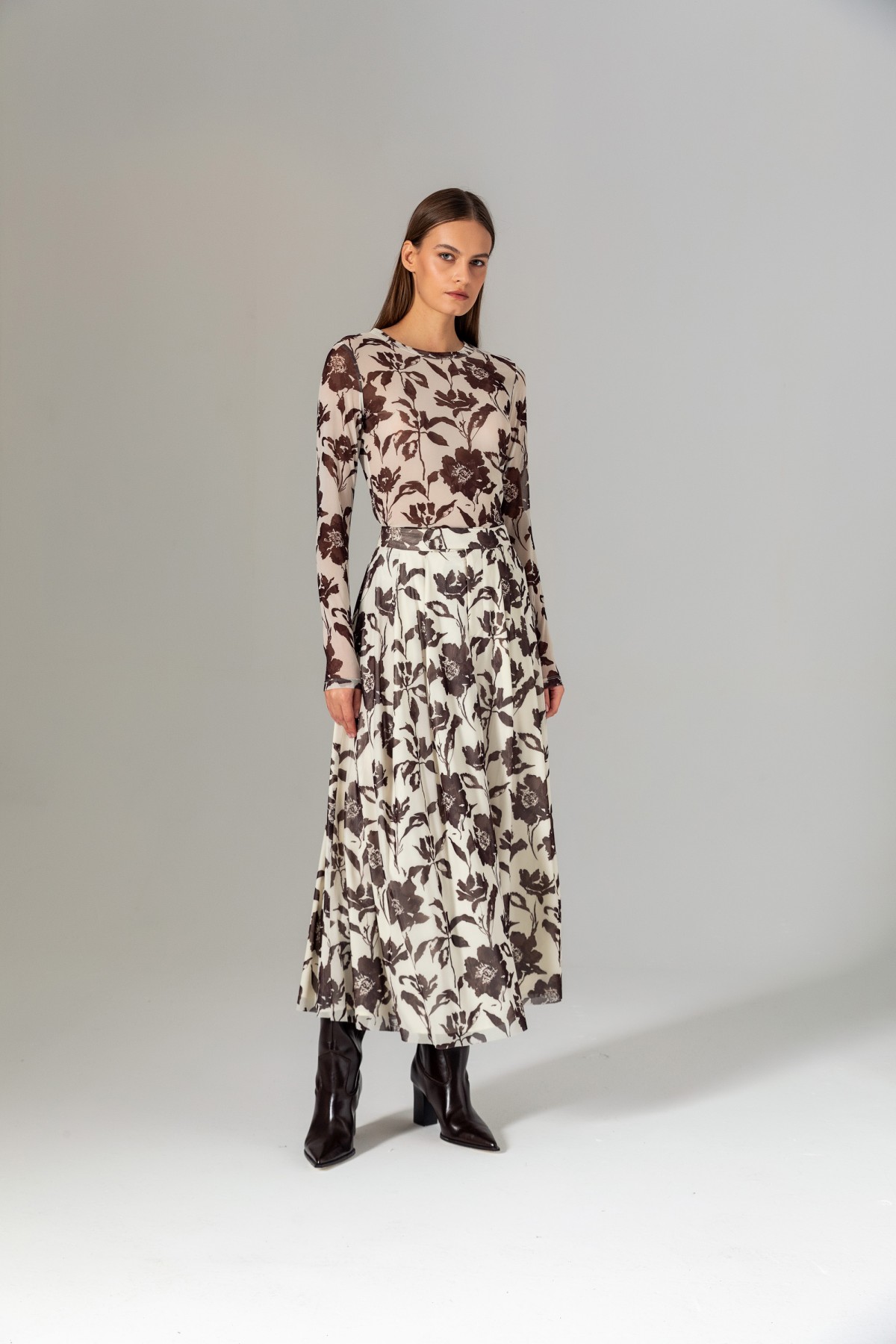 Pileli Desenli Etek Kahve