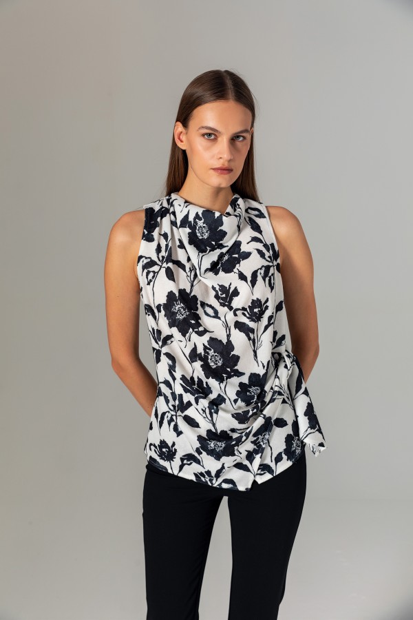Desenli Halter Yaka Bluz Siyah