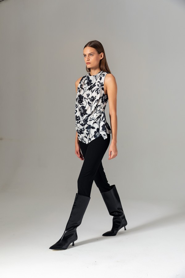 Desenli Halter Yaka Bluz Siyah