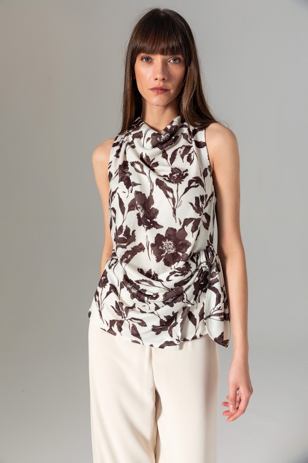 Desenli Halter Yaka Bluz Kahve