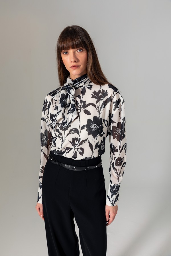 Şal Yaka Desenli Bluz Siyah