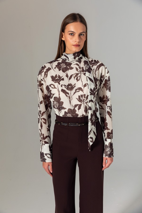 Şal Yaka Desenli Bluz Kahve