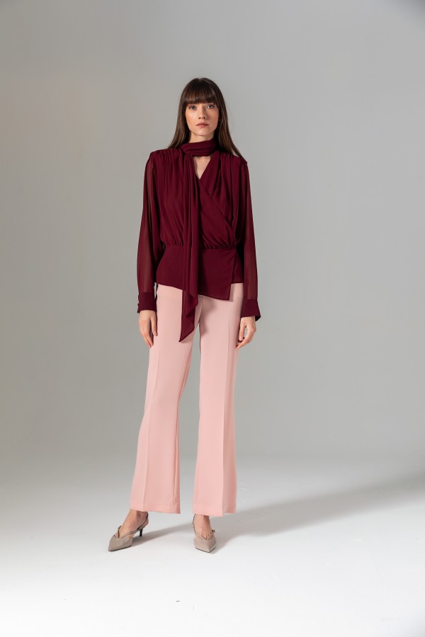 Şal Yaka Kruvaze Bluz Bordo