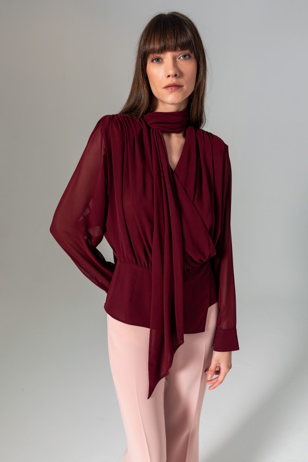 Şal Yaka Kruvaze Bluz Bordo Şal Yaka Kruvaze Bluz Bordo