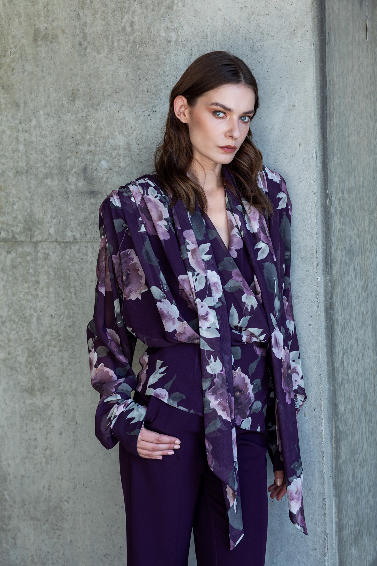 Şal Yaka Desenli Kruvaze Bluz Mor